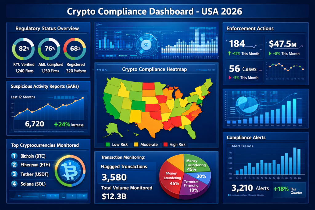Compliance dashboard illustration for U.S. crypto law in 2026 with AML, tax, and regulatory controls