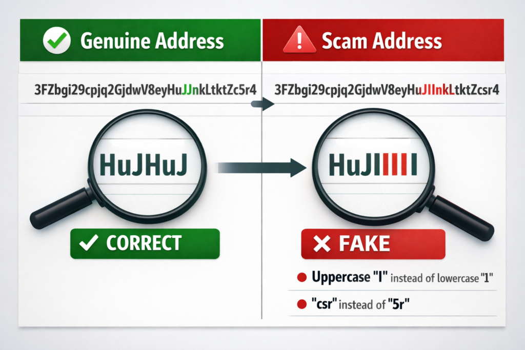Side-by-side comparison of legitimate and lookalike crypto wallet addresses