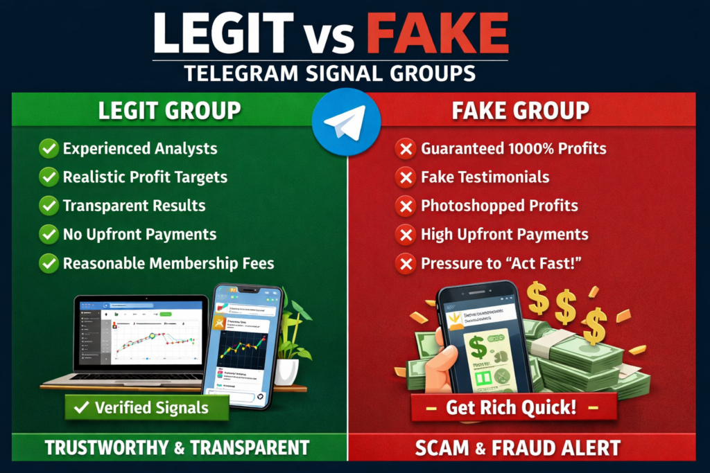 Legit vs fake Telegram crypto signals comparison visual