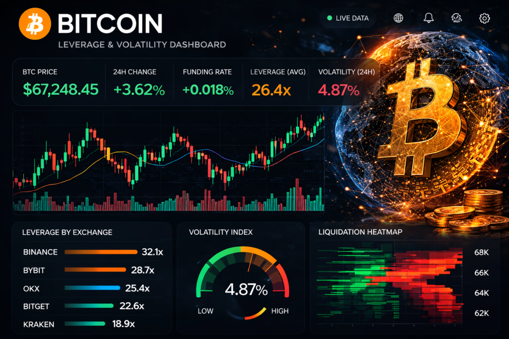 Bitcoin market volatility graphic highlighting leverage-driven trading